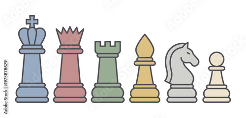 Colorful chess pieces icon set. Vector illustration of king, queen, rook, knight, pawn for business strategy, game, competition, and planning concepts.