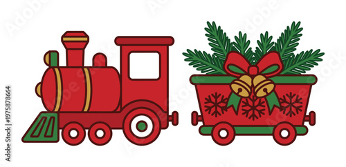 Charming festive red Christmas train and wagon vector illustration with holiday decorations, including fir branches, bow, bells, and snowflakes. Perfect for seasonal greetings, ads