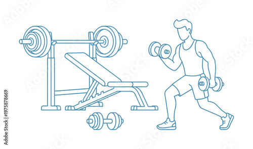 Vector illustration of a man doing dumbbell lunges and curls, embodying fitness and strength training. Features gym equipment: weight bench, barbell, and dumbbells. Great for health concepts.