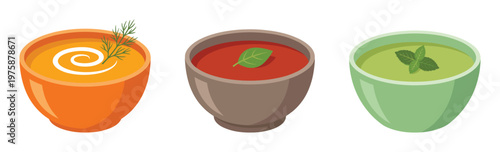 Three vibrant vector bowls of healthy soups: creamy orange, rich red, and fresh green, garnished with herbs. Ideal for food blogs, menus, and healthy eating campaigns.