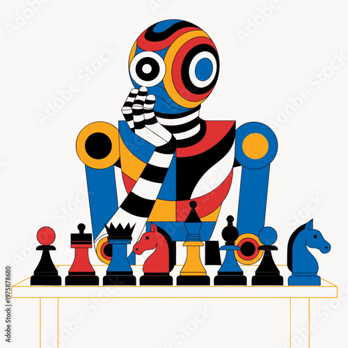 Abstract figure pondering over colorful chess pieces on table  