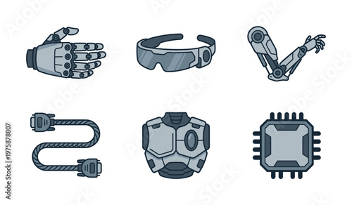 Vector set of modern robotics and technology icons. Featuring futuristic hand, arm, VR glasses, armor, cable, and chip. Ideal for UI, web, and tech designs.