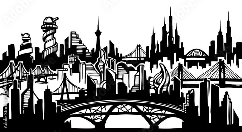 Modern Metropolis Skyline Vector Illustration with Suspension Bridge and Skyscrapers, Urban Cityscape Line Art for Business Branding and Web Background