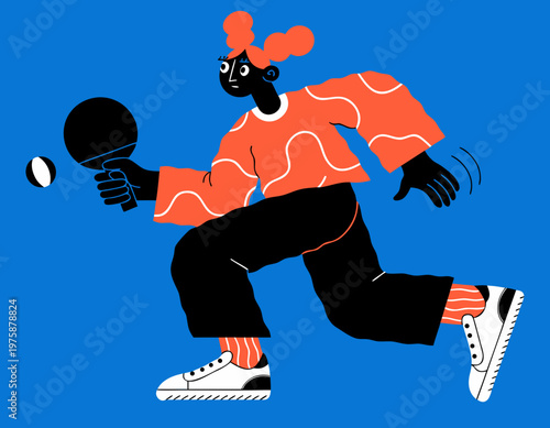 Young black woman playing ping pong with determination on blue background  