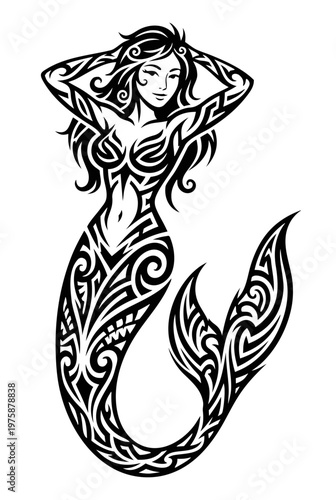 Tribal Mermaid Tattoo Vector Illustration. Polynesian Style Siren Graphic for Apparel Design, Branding, and Decals. Minimalist Black and White Mythological Sea Creature Motif