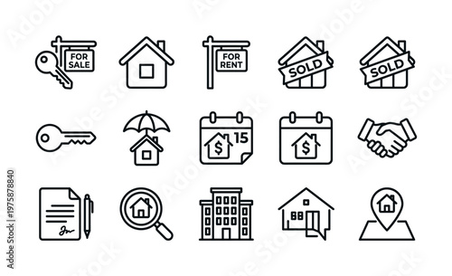 A collection of modern real estate line icons. Includes symbols for sale, rent, property, and contracts. Perfect for realtor websites, apps, and marketing.