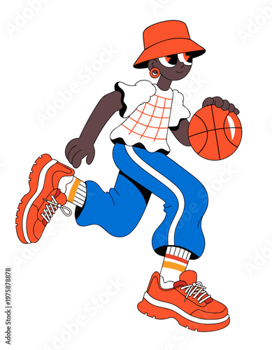 Young black man dribbling basketball while running in stylish outfit  