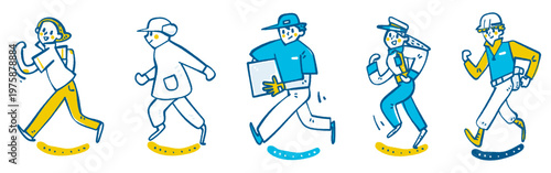 社会の進歩を加速させ足並みを揃えて前進するブルーワーカー・エッセンシャルワーカーの力強い歩み 手書きベクターイラスト