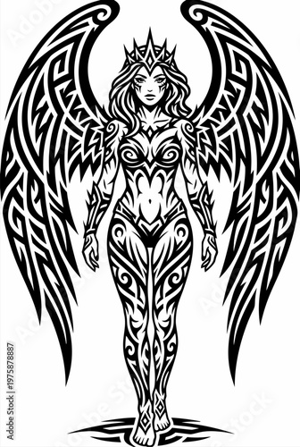 Tribal Valkyrie Angel Tattoo Vector. Powerful Winged Goddess Illustration for Apparel Design, Warrior Queen Branding, and Mythological Graphic Projects