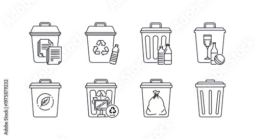 Recycling Bin Icons: Waste, Trash, Garbage, and Eco-Friendly Collection Set