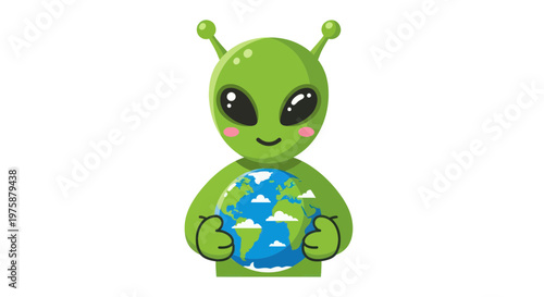Cute Green Alien Holding Planet Earth with Clouds