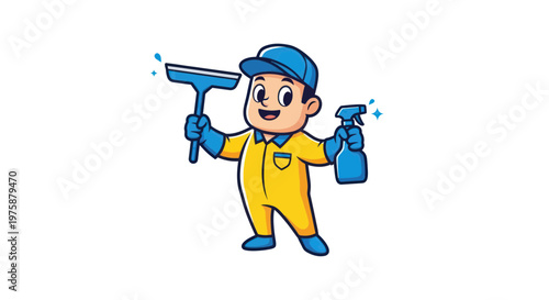 Happy Cartoon Cleaner Man with Squeegee and Spray Bottle
