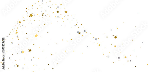 Arching wave of gold and silver star confetti on a transparent background. Magical festive sparkling glitter pattern. Copy space for text