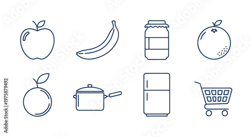 Healthy Food and Kitchen Icons Set: Apple, Banana, Jam, Orange, Pot, Fridge, Cart