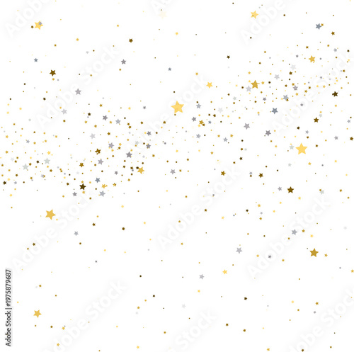 Falling gold and silver star confetti on transparent background. Festive holiday decoration overlay