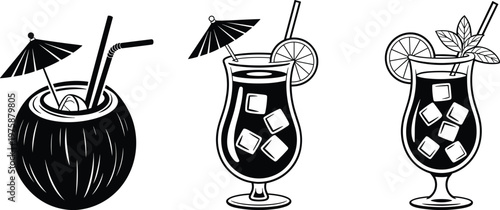 Black and white illustrations of tropical cocktails and a coconut drink umbrella