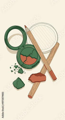 A broken eyeshadow palette and pencil surrounded by crumbled makeup pieces, showcasing the remnants of a colorful and creative makeup mishap