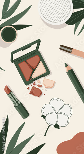 A broken eyeshadow palette and pencil surrounded by crumbled makeup pieces, showcasing the remnants of a colorful and creative makeup mishap