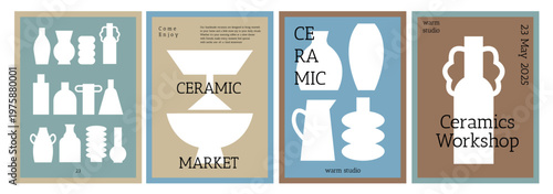 Ceramics market and school and workshop posters. Ceramic banner set with pottery vases. Art school and vase studio