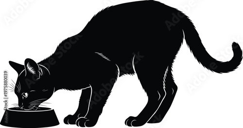 Black silhouette of a cat eating from a bowl on a white background drinking