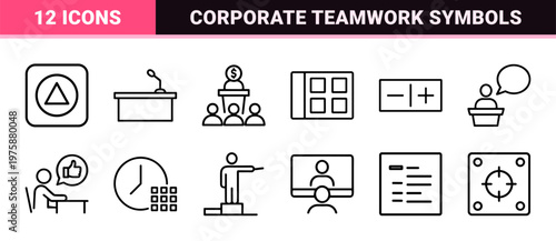 Business meeting and teamwork minimalist outline icon set