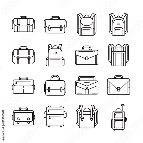 Collection of modern bags and backpacks in a clean outline design for travel and business