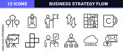Business action plan line icons set for strategy and management