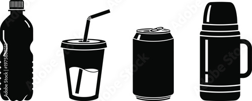 Black Silhouettes of Beverage Containers and Drinkware on White Background untitled