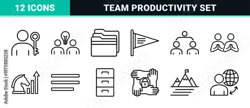 Minimalist black line icons for team cooperation and business workflow.