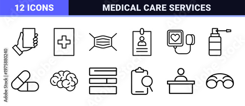 Minimalist digital healthcare and telehealth outline icon set