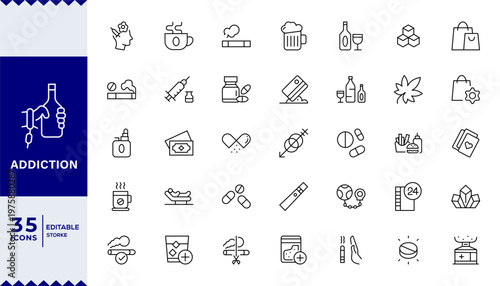 Addiction Stroke icon collections. Containing Gaming, Addiction, Overdose, Treatment, Phone Addiction, Medication, Sugar, and Alcoholism icons. Editable Stroke icon collection