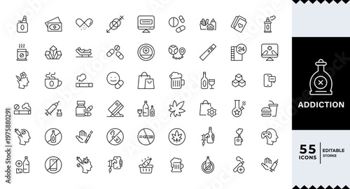 Addiction Stroke icon collections. Containing Gaming, Addiction, Overdose, Treatment, Phone Addiction, Medication, Sugar, and Alcoholism icons. Editable Stroke icon collection