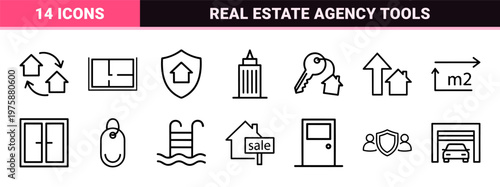 Real estate line icons for property management and house sales