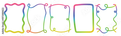 Retro playful rainbow gradient frame set with scalloped and wavy hand-drawn borders. Frames with abstract lines and retro scalloped corners