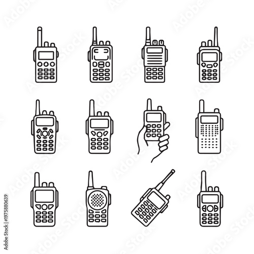 Collection of outline walkie talkie icons in a grid arrangement with clean vector style