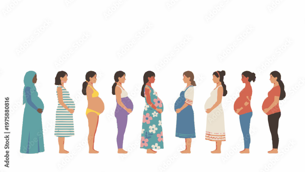 Obraz premium Diverse Pregnant Women Standing in Profile on White Background