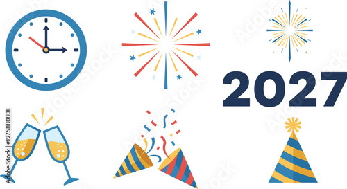 New Year 2027 Celebration Vector Set Featuring Fireworks, Champagne, Party Hats, Clock, and 2027 for Festive and Holiday Designs