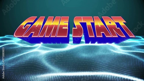 On load 3D GAME START fading and shifting colors above undulating grid wave signaling game start