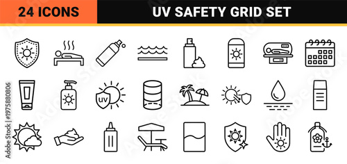 Sun protection and beach safety line icons for skincare and summer weather.