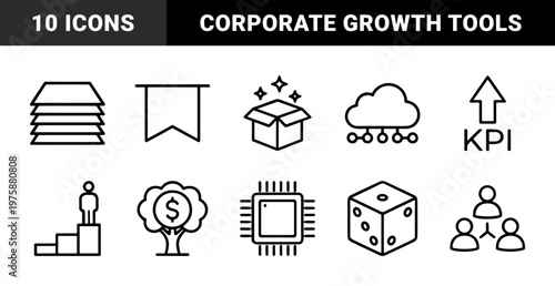 Corporate business strategy and marketing growth line icons