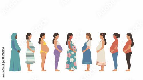 Diverse Pregnant Women Standing in Profile on White Background
