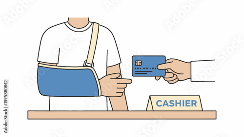 Injured man in arm sling paying hospital bill with credit card