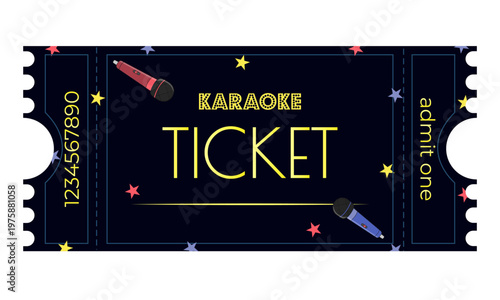 Ticket for karaoke night with number, microphone, karaoke ticket template