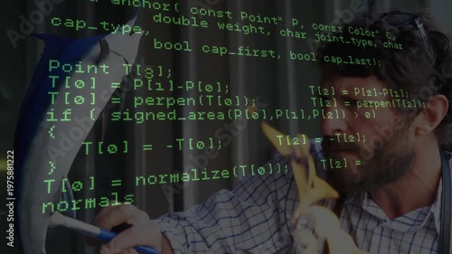 Engineer inspecting blowtorch flame under scrolling translucent code overlay validating connection