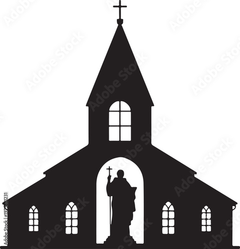 Silhouette of a gothic church with a statue of Saint Anthony
