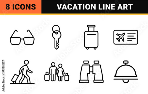 Minimalist travel line icon set with transport and vacation symbols