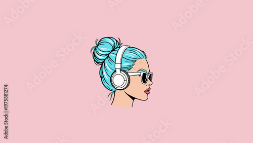 Pop art woman profile with blue hair, headphones and sunglasses