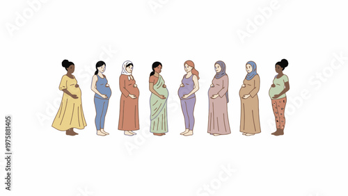 Diverse pregnant women standing in a row on white background