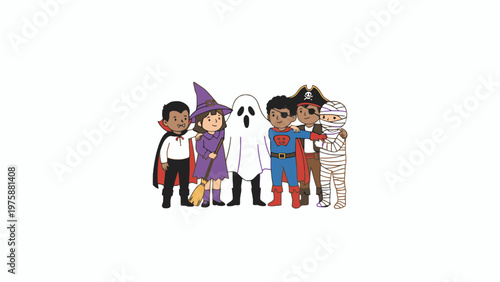 Kids in Halloween Costumes Illustration on White Background