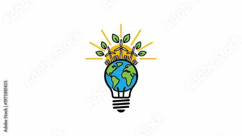 Green energy light bulb icon with Earth globe and wind turbines